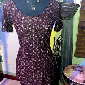 #48-(S)MUDD Burgundy,Black Cream Pattern Form Fitted Bodycon Dress